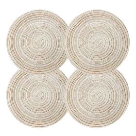 4 Pcs Coffee Time Round Braided Woven Placemats Home Decor Place Mats Kitchen Table Mats Woven Placemats 7 inch, Beige