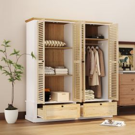 4 Shutter Door Wardrobe Armoire Closet with 2 Drawers, Natural+White