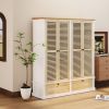 4 Shutter Door Wardrobe Armoire Closet with 2 Drawers, Natural+White