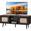 VEVOR Rattan TV Stand, Boho TV Cabinet for 55 inch TV, Mid Century Modern TV Stand, Rattan TV Console with Adjustable Shelfs for Living Room
